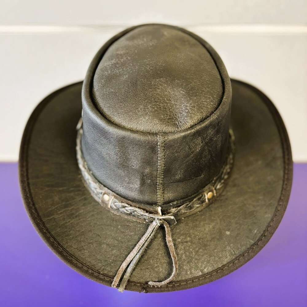 Distressed Foldable Leather Hat Cowboy Unisex Real Leather